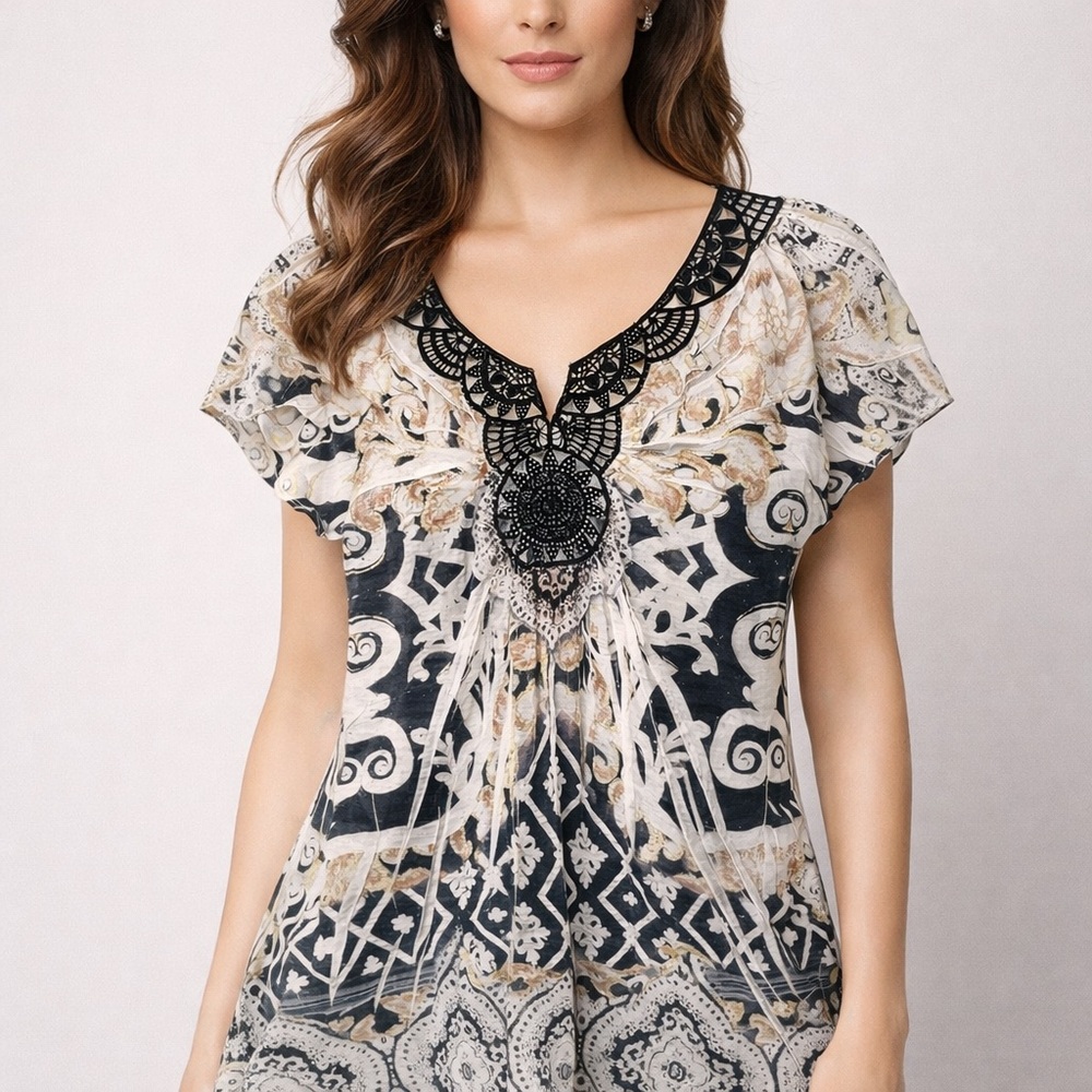 APT. 9 Lace Detail Boho Paisley Top Size Large